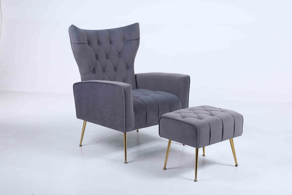 English Elm Upholstered Velvet Accent Chair with Tufted Back Gold Legs and Matching Ottoman Dark Gray B2730P271432