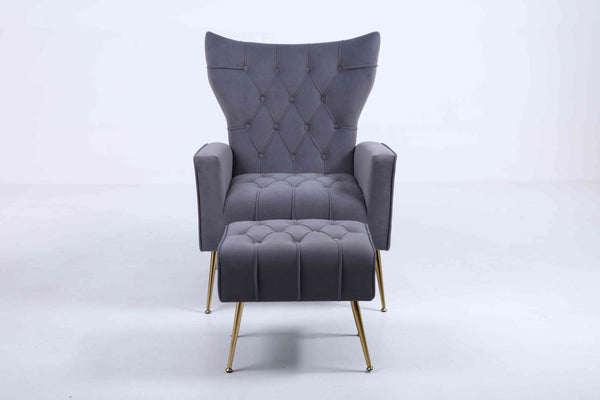 English Elm Upholstered Velvet Accent Chair with Tufted Back Gold Legs and Matching Ottoman Dark Gray B2730P271432