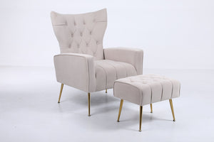 English Elm Upholstered Velvet Accent Chair with Tufted Back Gold Legs and Matching Ottoman Beige B2730P271433