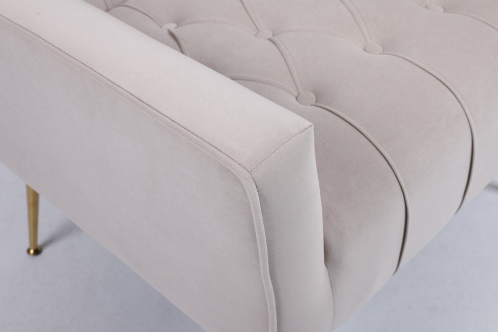 English Elm Upholstered Velvet Accent Chair with Tufted Back Gold Legs and Matching Ottoman Beige B2730P271433