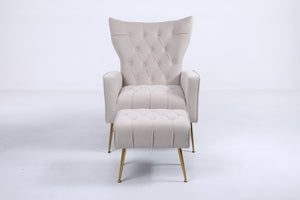 English Elm Upholstered Velvet Accent Chair with Tufted Back Gold Legs and Matching Ottoman Beige B2730P271433