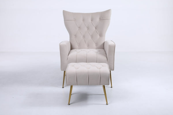 English Elm Upholstered Velvet Accent Chair with Tufted Back Gold Legs and Matching Ottoman Beige B2730P271433