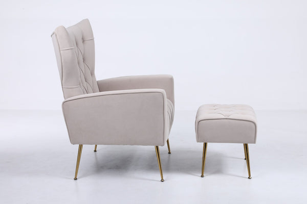 English Elm Upholstered Velvet Accent Chair with Tufted Back Gold Legs and Matching Ottoman Beige B2730P271433