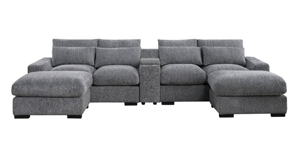 English Elm Modern Flannel Velvet Modular Sectional with Reclining Seats Console and USB Ports B2730S00045