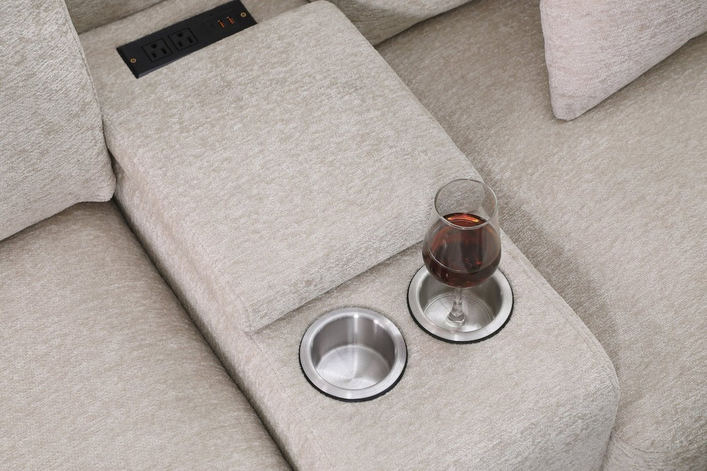 English Elm Replacement- Tufted Nailhead L Sectional with Cup Holders Storage Ottoman and Toss Pillows Beige Flannelette B2730S00046