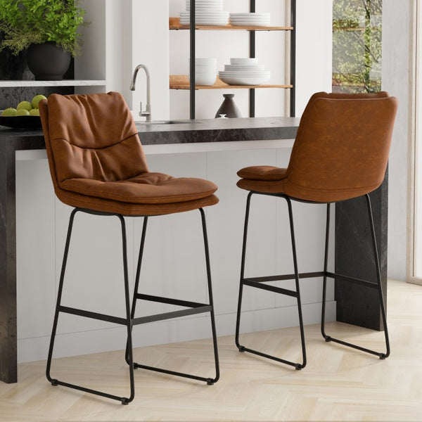English Elm Lena Tufted Vegan Upholstered Barstools Set of 2 for Kitchen Island or Home Bar Brown Faux Leather B2732P536372