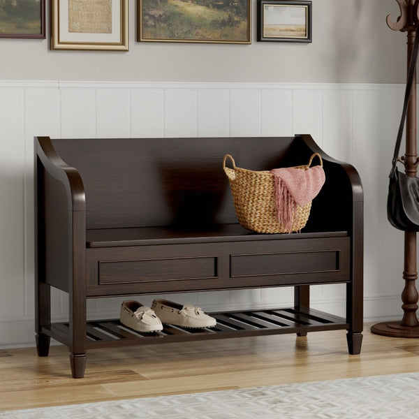 English Elm Somerset Handcrafted Solid Wood Entryway Bench with Lift Lid and Open Bottom Shelf B2732P547129