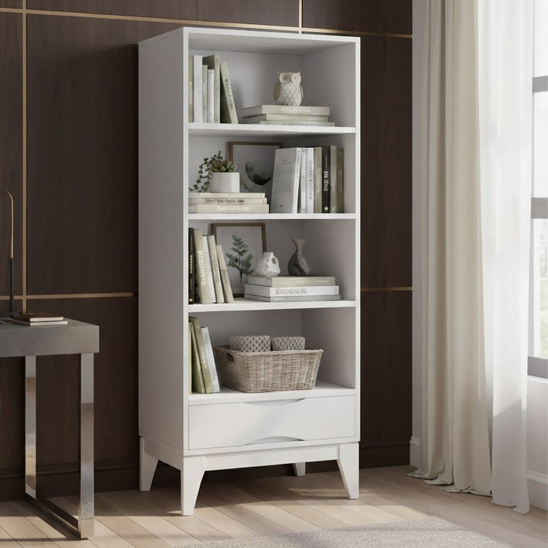 English Elm Thompson Solid Wood Tall Bookcase with Drawer Mid-Century Modern White Finish B2732P547169