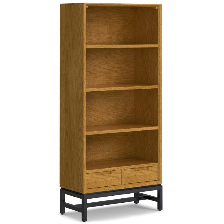 English Elm Argyle Mid-Century Oak Veneer Tall Bookcase with Graphite Metal Base and Storage Drawers B2732P547171