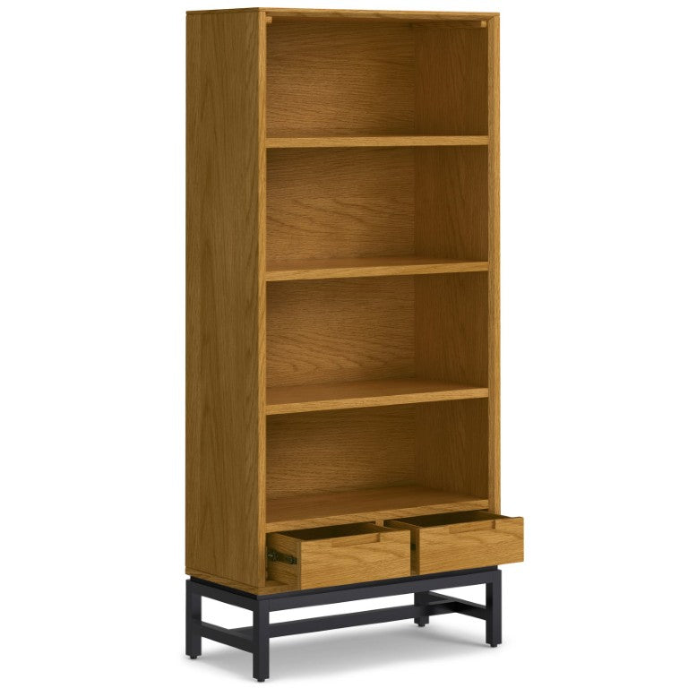 English Elm Argyle Mid-Century Oak Veneer Tall Bookcase with Graphite Metal Base and Storage Drawers B2732P547171
