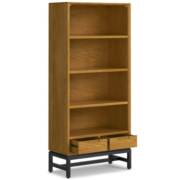 English Elm Argyle Mid-Century Oak Veneer Tall Bookcase with Graphite Metal Base and Storage Drawers B2732P547171