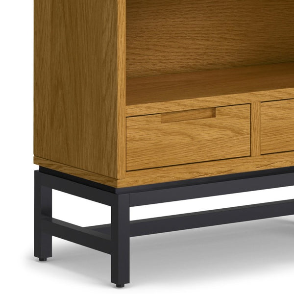 English Elm Argyle Mid-Century Oak Veneer Tall Bookcase with Graphite Metal Base and Storage Drawers B2732P547171