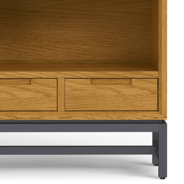 English Elm Argyle Mid-Century Oak Veneer Tall Bookcase with Graphite Metal Base and Storage Drawers B2732P547171