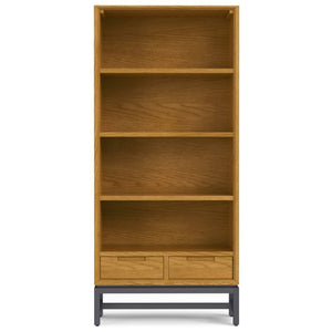 English Elm Argyle Mid-Century Oak Veneer Tall Bookcase with Graphite Metal Base and Storage Drawers B2732P547171