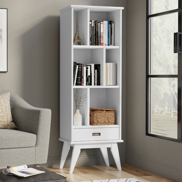 English Elm Baxter Solid Rubberwood Mid Century Bookcase Six Open Shelves White Lacquer Finish B2732P547173