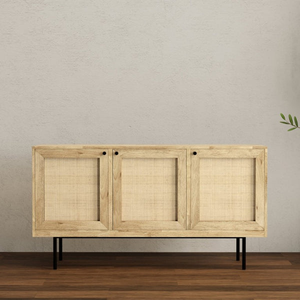 English Elm Stonecastle Mango Wood Buffet with Woven Raffia Doors and Iron Base for Dining Rooms B2732P548173