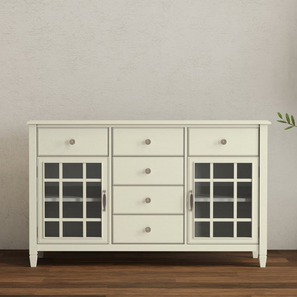 English Elm Somerset Solid Wood Buffet Sideboard Six Drawers Antique White Traditional Dining B2732P548179