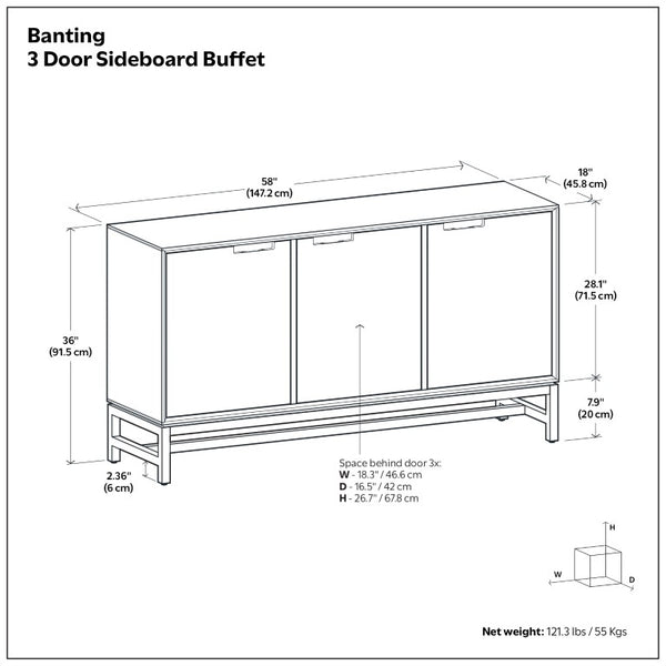 English Elm Argyle Oak Veneer Three Door Buffet with Graphite Metal Frame for Modern Dining Brown 18 L x 58 W x 36 H Metal & Wood B2732P548182