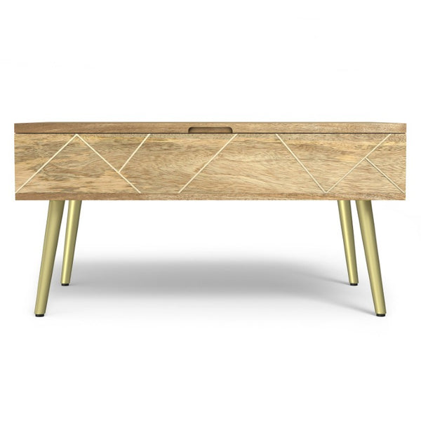 English Elm Spartan Mango Hardwood Lift Top Coffee Table with Brass Inlays and Hidden Storage B2732P549788