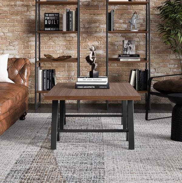 English Elm Spokane Walnut Veneer Coffee Table with Sawhorse Steel Base for Modern Living B2732P549791