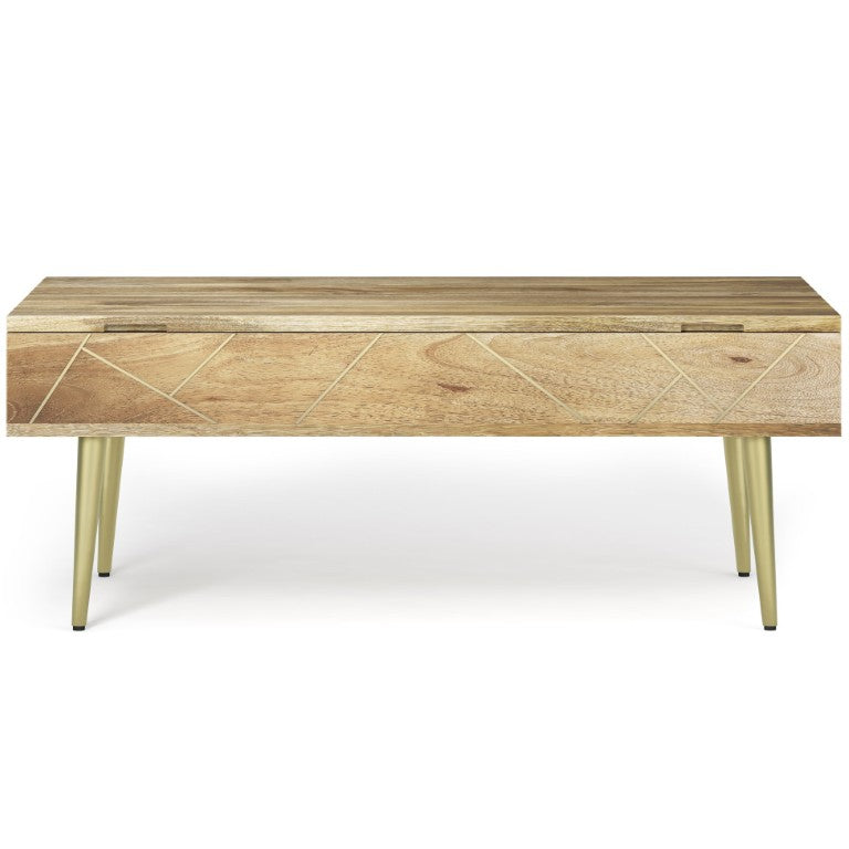 English Elm Spartan Mango Hardwood Lift Top Coffee Table with Brass Inlay and Hidden Storage B2732P549795