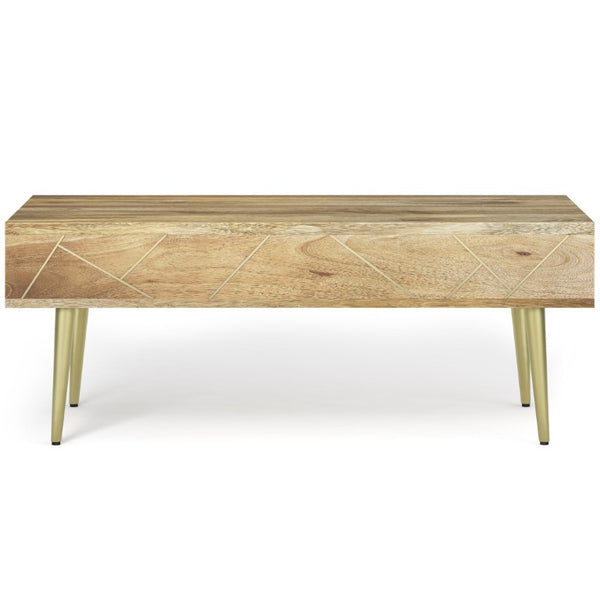 English Elm Spartan Mango Hardwood Lift Top Coffee Table with Brass Inlay and Hidden Storage B2732P549795