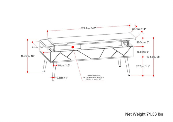 English Elm Spartan Mango Hardwood Lift Top Coffee Table with Brass Inlay and Hidden Storage B2732P549795