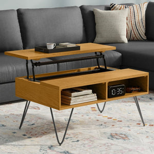 English Elm Diaz Solid Oak Lift Top Coffee Table with Hairpin Legs and Hidden Storage Cubby 24 x 36 x 18 Brown B2732P549798