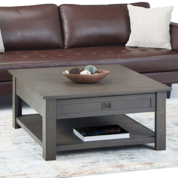 English Elm Diaz Solid Oak Lift Top Coffee Table with Hairpin Legs and Hidden Storage Cubby 38 x 38 x 18.5 Grey B2732P549807