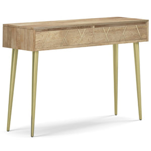 English Elm Spartan Mango Hardwood Console with Brass Inlay and Tapered Gold Legs for Entryway 15 L x 48 W x 32 H B2732P551495