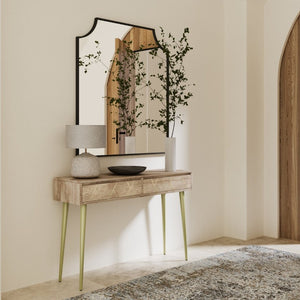 English Elm Spartan Mango Hardwood Console with Brass Inlay and Tapered Gold Legs for Entryway 15 L x 48 W x 32 H B2732P551495