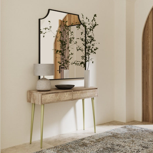 English Elm Spartan Mango Hardwood Console with Brass Inlay and Tapered Gold Legs for Entryway 15 L x 48 W x 32 H B2732P551495