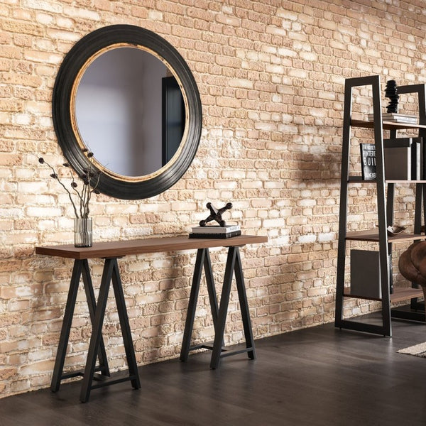 English Elm Spokane Walnut Veneer Console Table with Charcoal Sawhorse Base for Any Room B2732P551497