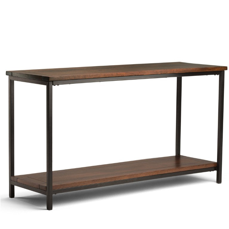 English Elm Spartan Mango Hardwood Console with Brass Inlay and Tapered Gold Legs for Entryway 18 L x 54 W x 30 H B2732P551500