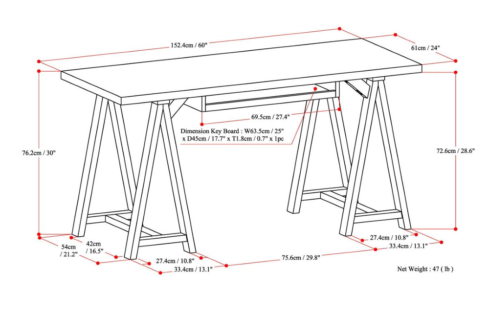 English Elm Spokane Solid Wood Home Office Desk with Keyboard Tray and Sawhorse Base B2732P562467