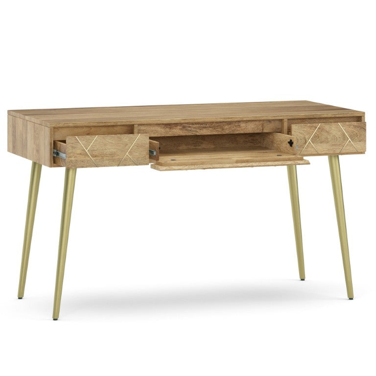 English Elm Spartan Mango Hardwood Writing Desk with Gold Legs and Soft Close Drawers B2732P562477