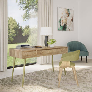 English Elm Spartan Mango Hardwood Writing Desk with Gold Legs and Soft Close Drawers B2732P562477