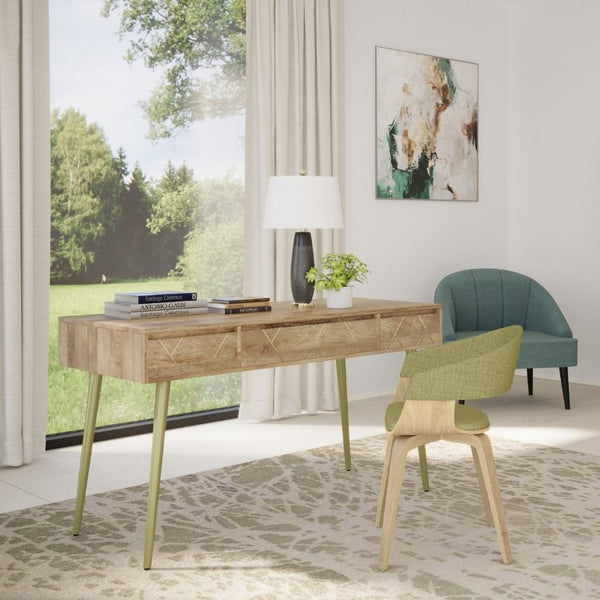 English Elm Spartan Mango Hardwood Writing Desk with Gold Legs and Soft Close Drawers B2732P562477
