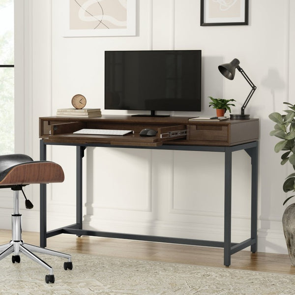 English Elm Dorian Solid Acacia Wood Writing Desk with Matte Black Frame and Keyboard Tray 48 inches B2732P562478
