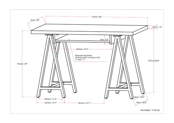 English Elm Spokane Walnut Veneer Writing Desk with Industrial Sawhorse Base for Home Office B2732P562479