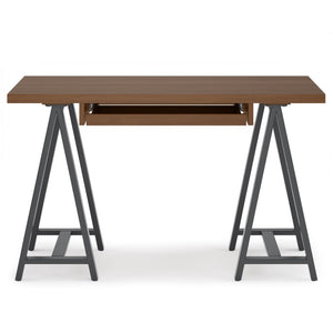 English Elm Spokane Walnut Veneer Writing Desk with Industrial Sawhorse Base for Home Office B2732P562479