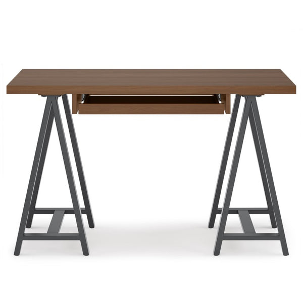 English Elm Spokane Walnut Veneer Writing Desk with Industrial Sawhorse Base for Home Office B2732P562479