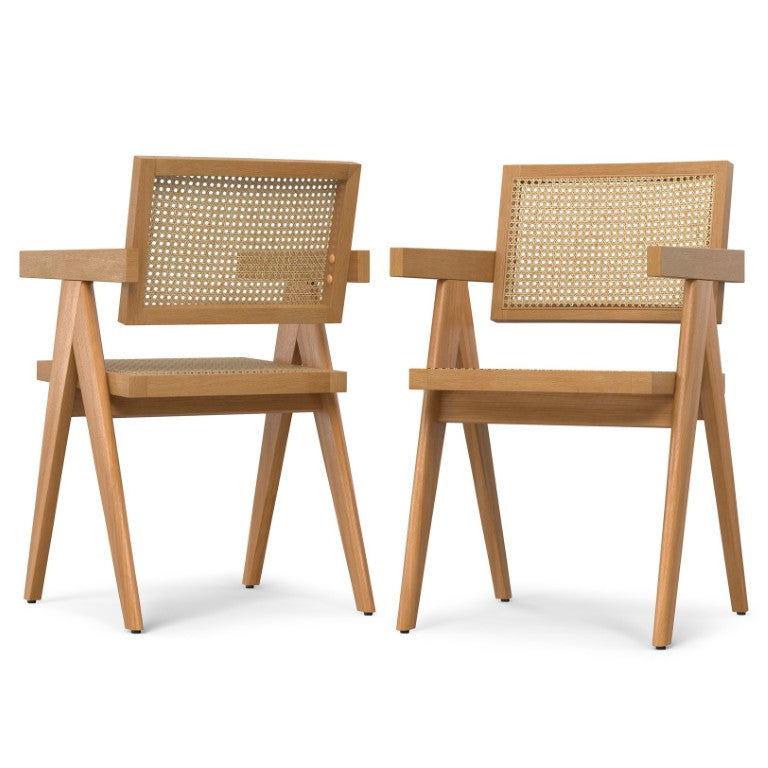 English Elm Marceline Rattan and Beechwood Dining Armchairs Mid-Century Modern Set of Two B2732P577450