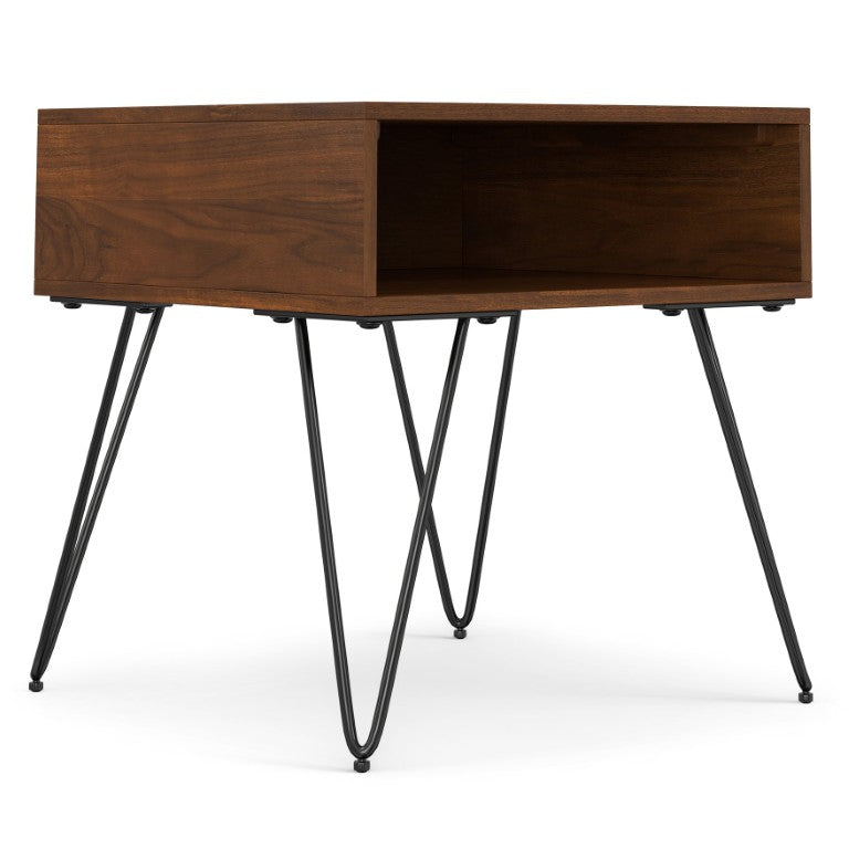 English Elm Diaz Square End Table with Walnut Grain Top and Black Iron Hairpin Legs for Loft Spaces Walnut Veneer B2732P596363