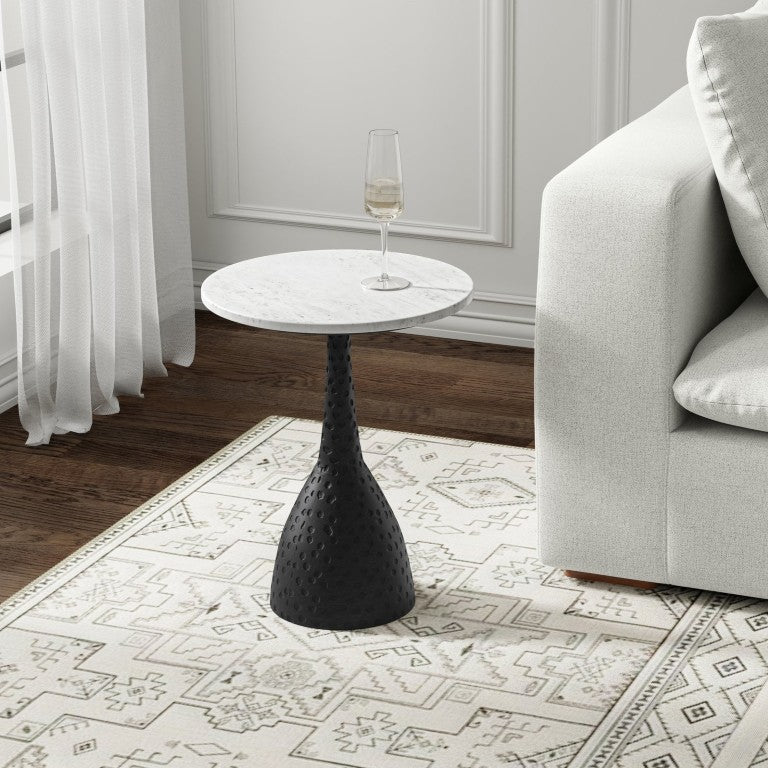 English Elm Kenzo Round Marble Top Side Table with Hammered Aluminum Pedestal for Modern Interiors B2732P596366