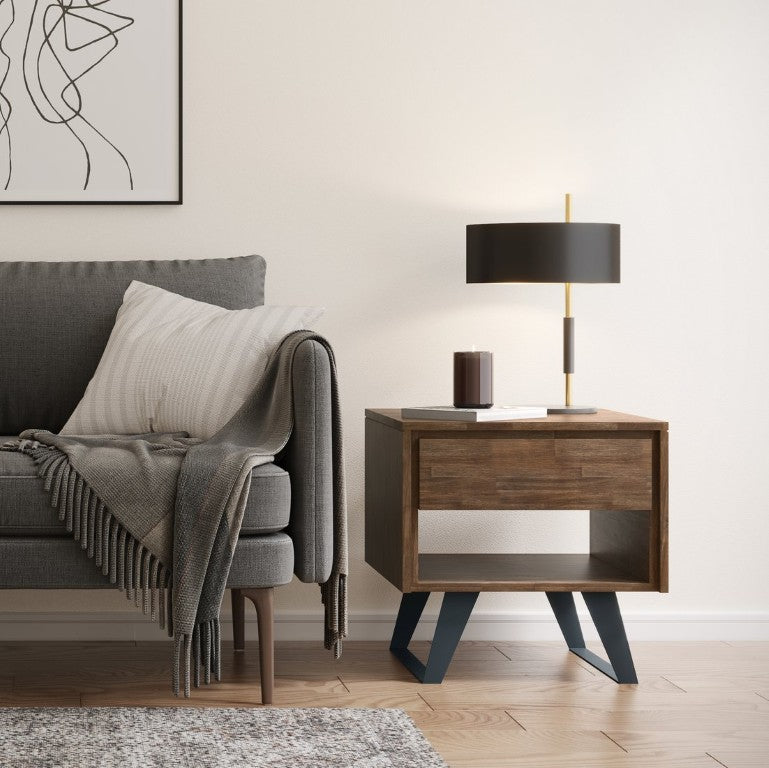 English Elm Fulton Solid Acacia Wood End Table with Drawer and Open Shelf Industrial Modern B2732P596376