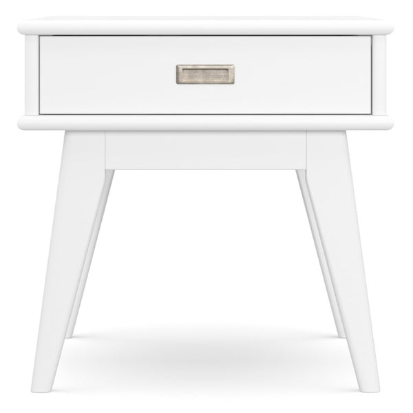 English Elm Baxter Solid Rubberwood End Table Mid Century White Lacquer with Brass Drawer Pull B2732P596379