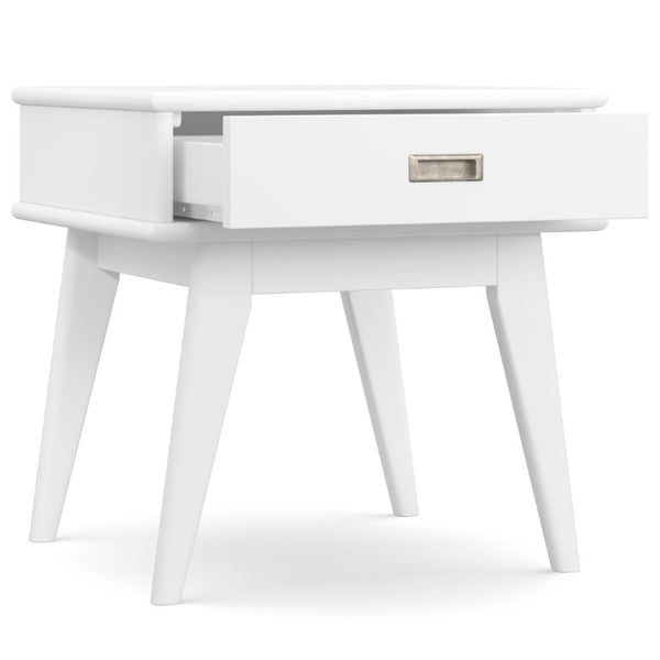English Elm Baxter Solid Rubberwood End Table Mid Century White Lacquer with Brass Drawer Pull B2732P596379