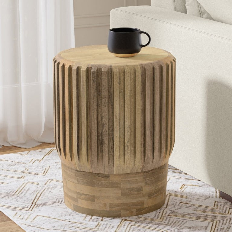 English Elm Jerry Fluted Mango Wood Round Side Table Artisan Grain Natural Finish for Any Room B2732P596381