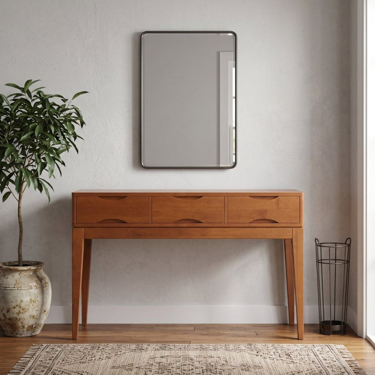 English Elm Alderglen Mid-Century Teak Console Table with Tapered Legs and Three Storage Drawers B2732P605427